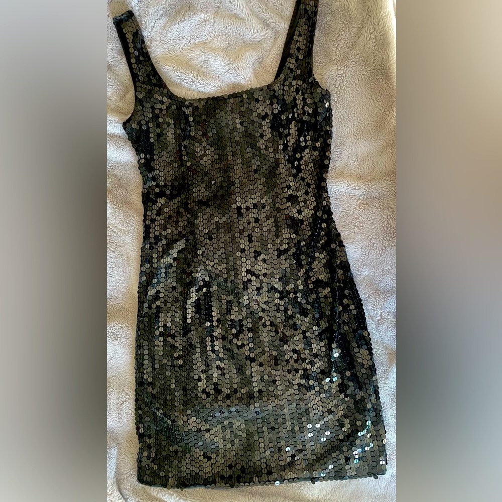 Black sequin mini dress.